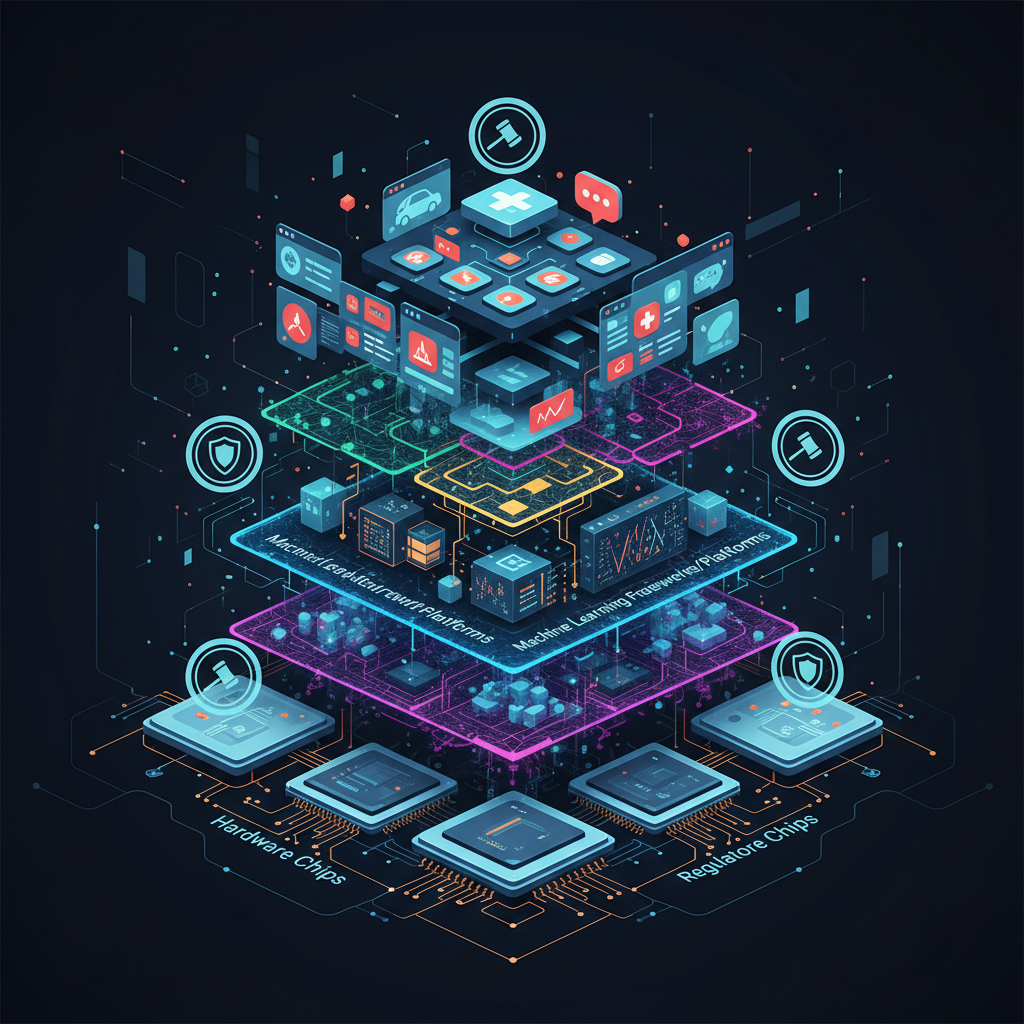 A detailed technical illustration showing the layers of AI technology stack from hardware chips at bottom to applications at top, with regulatory oversight symbols at different levels. Modern tech visualization style, no text.