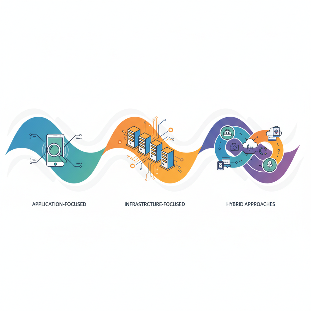 A timeline visualization showing three waves of AI regulation evolution, from application-focused to infrastructure-focused to hybrid approaches, with symbolic representations of each phase. Professional infographic style, no text.