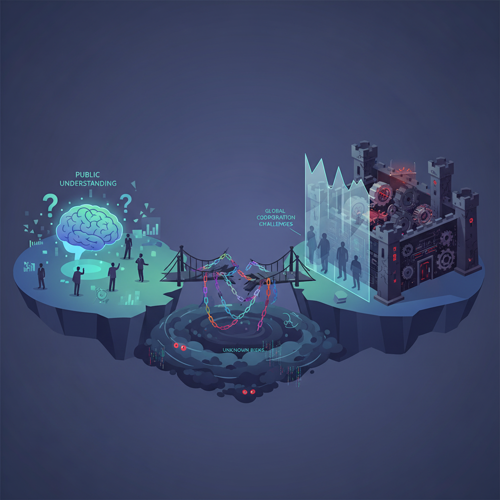 A conceptual illustration showing the gap between public understanding and actual AI governance, with symbolic elements like hidden mechanisms, transparency barriers, and global cooperation challenges. Modern professional style, no text.