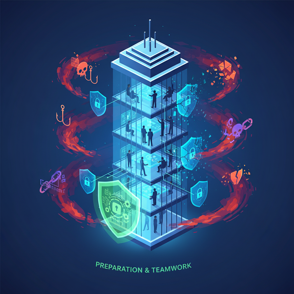 A clean infographic showing various cyber threats like phishing, ransomware, and data breaches surrounding a corporate building, with protective shields failing but a robust internal team actively planning. Emphasize preparation and teamwork. Modern, slightly futuristic style. No text.
