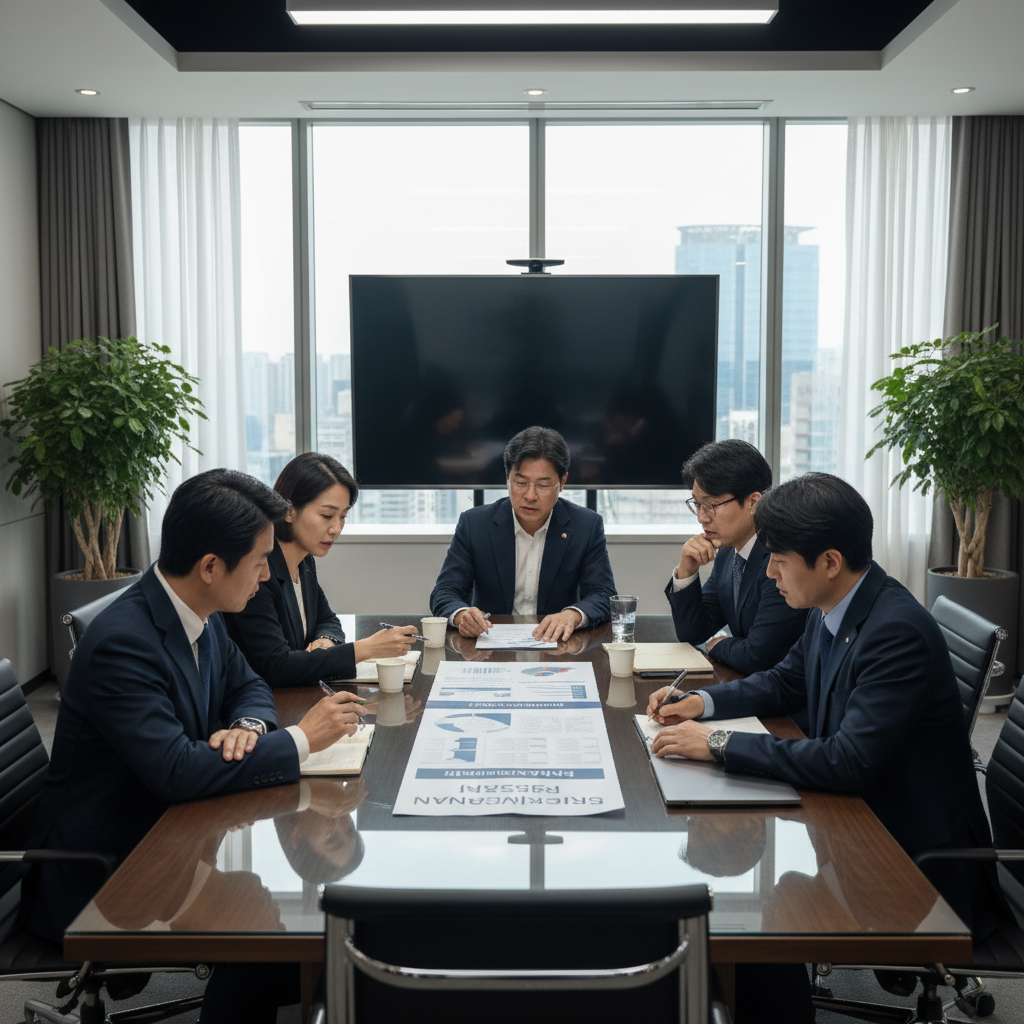 A group of Korean executives sitting around a table, intensely discussing a large printed paper document that looks like a crisis management plan. The room is modern office setting, with a calm but serious atmosphere. Natural lighting. No text.