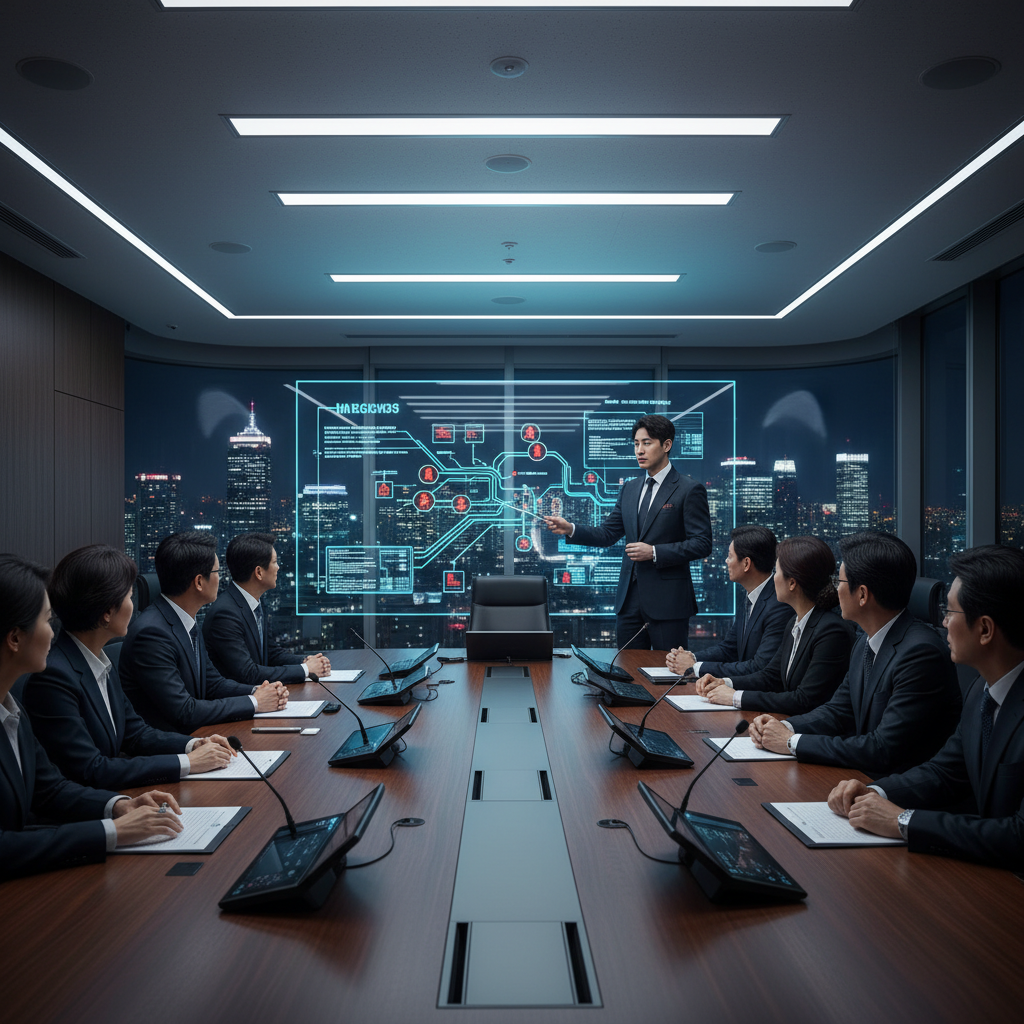 A modern corporate boardroom with a diverse group of Korean board members listening attentively to a cybersecurity expert presenting a complex data security chart on a large screen. The expert is confidently explaining, pointing at the screen. Professional, high-tech setting. No text.