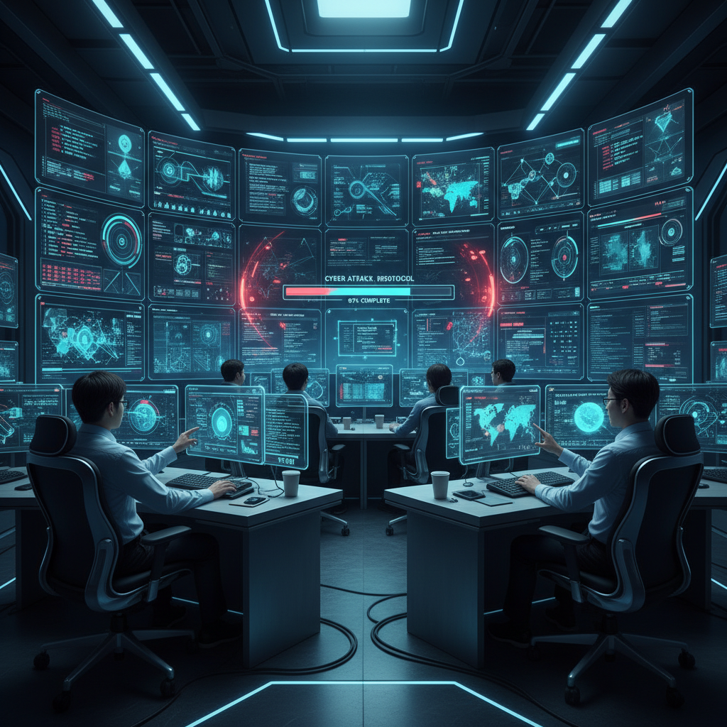 A high-tech operations room with a team of Korean cybersecurity experts collaboratively monitoring multiple screens, rapidly responding to a simulated cyber attack. The atmosphere is intense but focused. Futuristic interface design. No text.