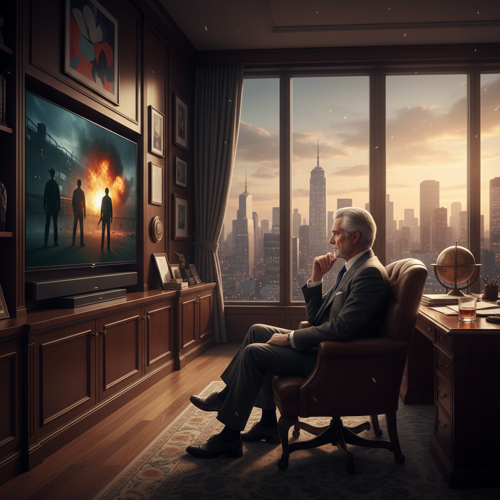 A sophisticated, slightly aged media mogul character seated in a luxurious office, looking contemplatively at a television screen showing a dramatic scene. The room has large windows overlooking a city skyline. Lifestyle photography, cinematic lighting. No text.