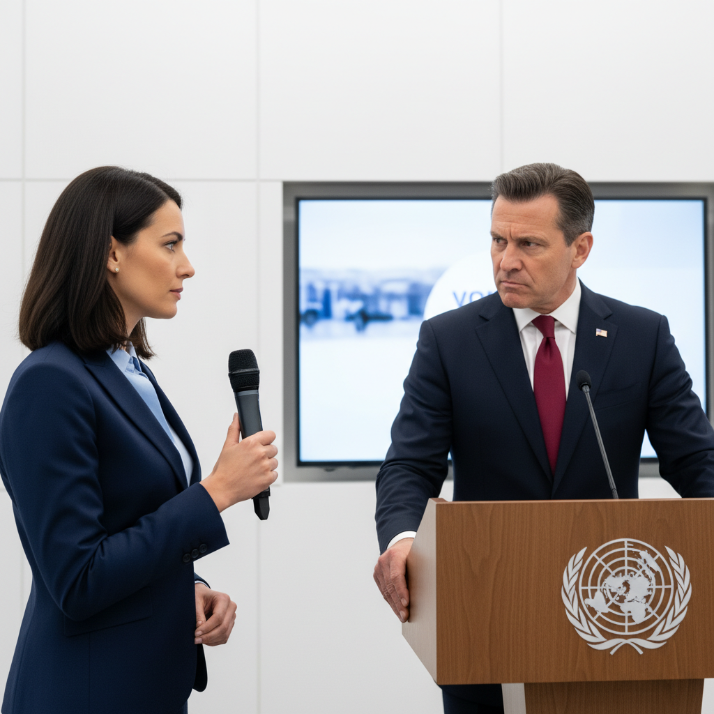 A female journalist, holding a microphone, stands confidently in a white press briefing room, asking a question. A powerful male figure with a stern expression is at the podium, reacting to the question. Realistic news photography. No text.
