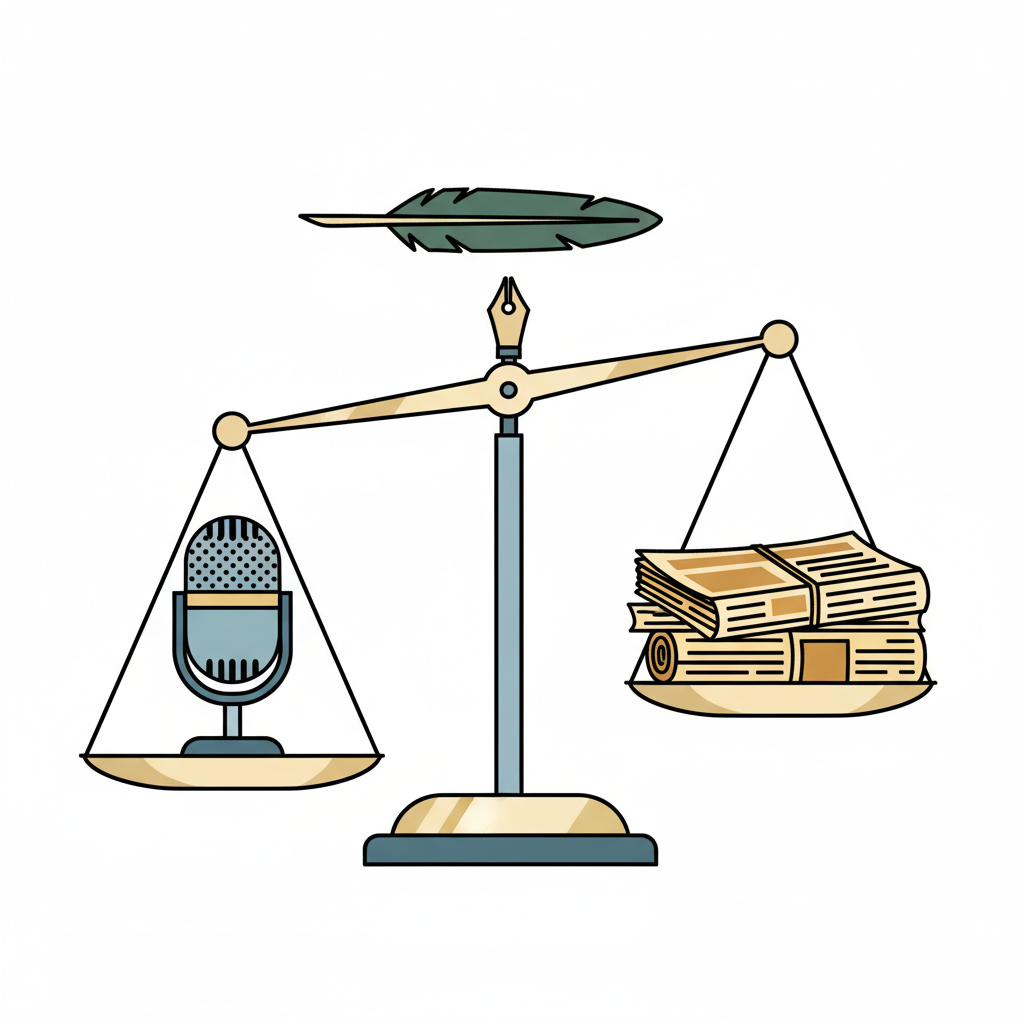 A stylized illustration depicting a balanced scale, with a microphone on one side and a stack of newspapers on the other. A quill pen is poised above the scale, symbolizing judgment. Clean infographic style, balanced colors. No text.