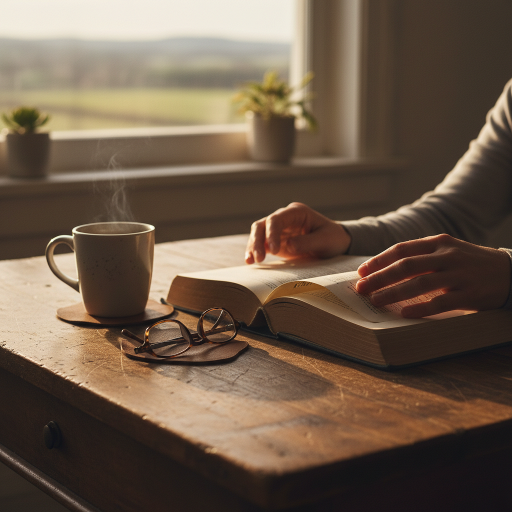 A person's hands are gently turning the pages of an open memoir book on a wooden desk. A cup of coffee and reading glasses are nearby, suggesting a reflective mood. Soft, warm lighting. Lifestyle photography. No text.