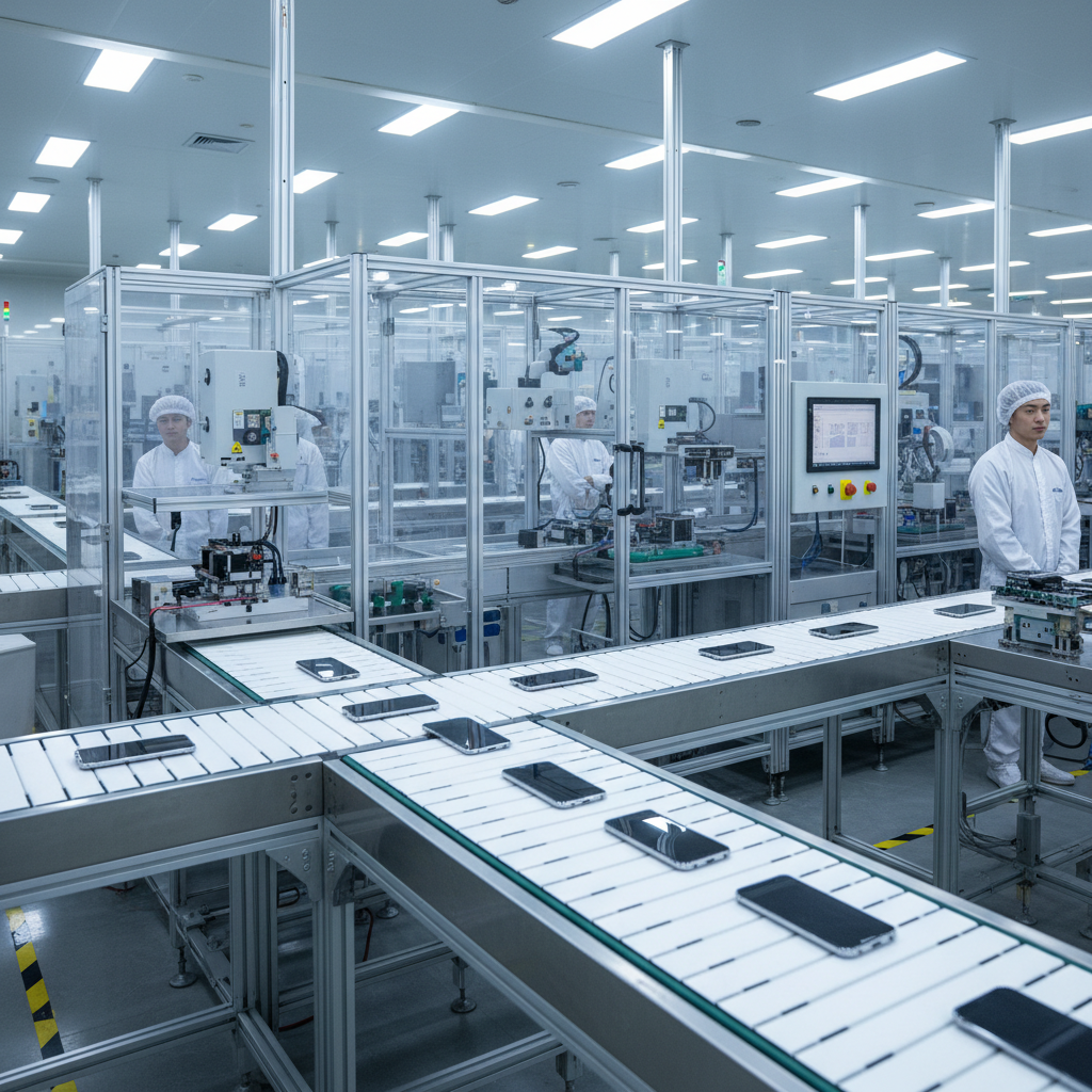 A modern smartphone manufacturing facility with reduced production lines, showing fewer iPhone devices on assembly belts, industrial setting with clean lighting and technology equipment, no text