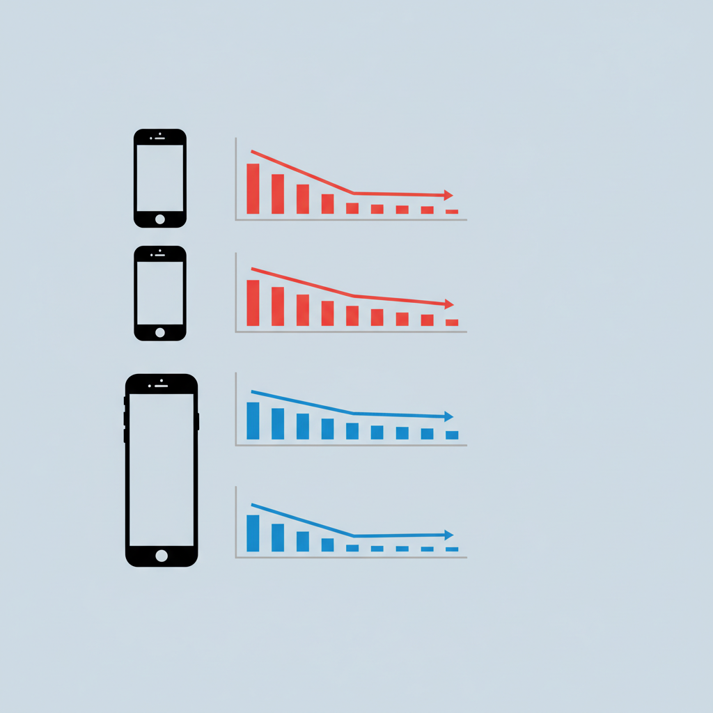 Clean infographic showing different iPhone models with sales performance charts, modern minimalist design with smartphone silhouettes and declining graphs for certain models, no text