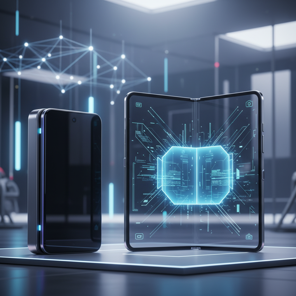 Futuristic foldable smartphone concept with sleek design, showing the device in both folded and unfolded states, modern tech environment with soft lighting, no text