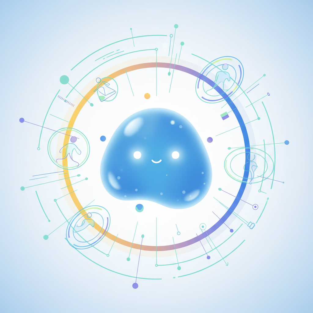 A friendly, blob-like animated assistant character with a subtle face, surrounded by digital interface elements, showing a "human-centered AI" concept. Clean infographic style. No text.