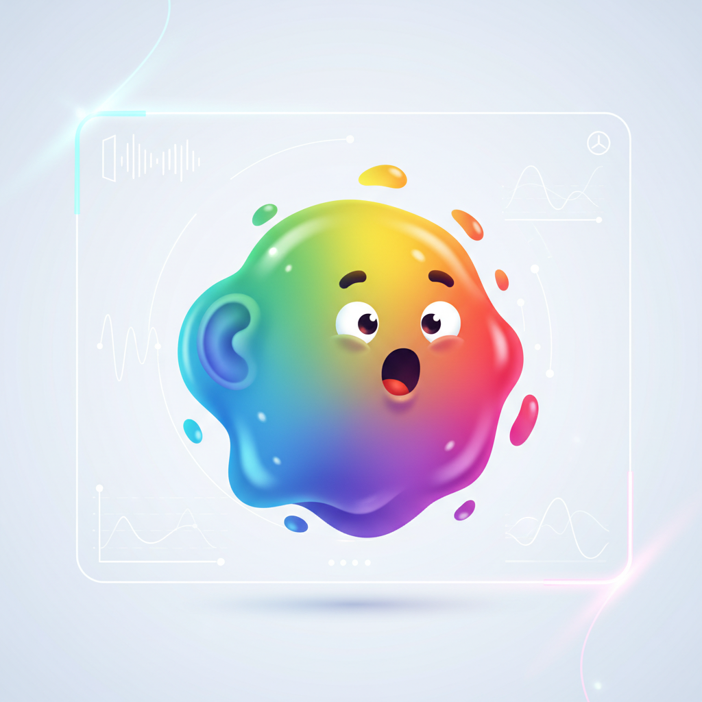 An animated, blob-like character with a friendly face, changing colors and expressing different emotions like listening or reacting, within a digital interface. Clean infographic style. No text.