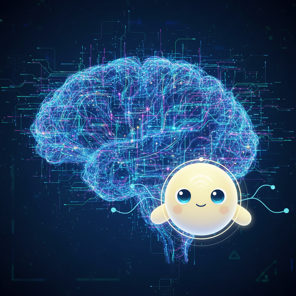 A complex network of neural connections and data flowing, representing large language models (LLMs), interacting with a simple, friendly animated assistant icon (Mico-like). Tech illustration style. No text.