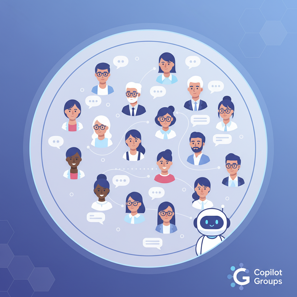 A group of diverse Korean people (up to 32 avatars) interacting in a virtual chat interface, with a small Mico-like assistant present, representing Copilot Groups. Clean infographic style. No text.