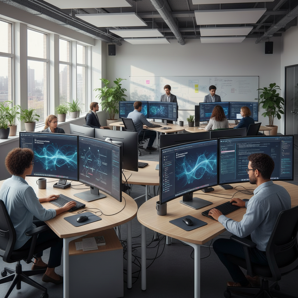 A modern tech office setting showing developers collaborating on computer screens displaying AI interfaces and macOS integration tools. Clean, professional atmosphere with natural lighting and contemporary workspace design. No text.