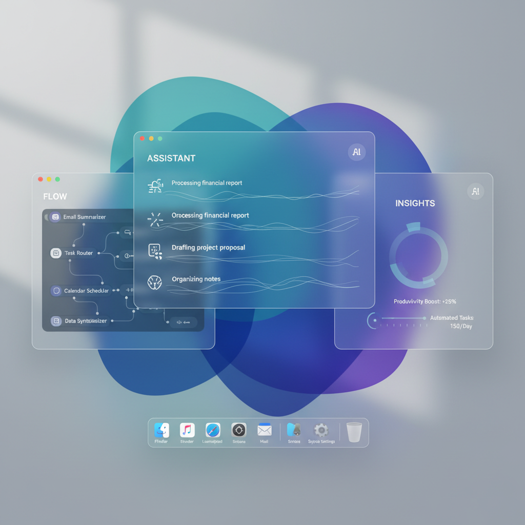 A sleek macOS desktop interface with AI-powered automation tools running seamlessly in the background. Multiple applications connected through intelligent workflows, modern UI design with Apple's characteristic clean aesthetics. No text.