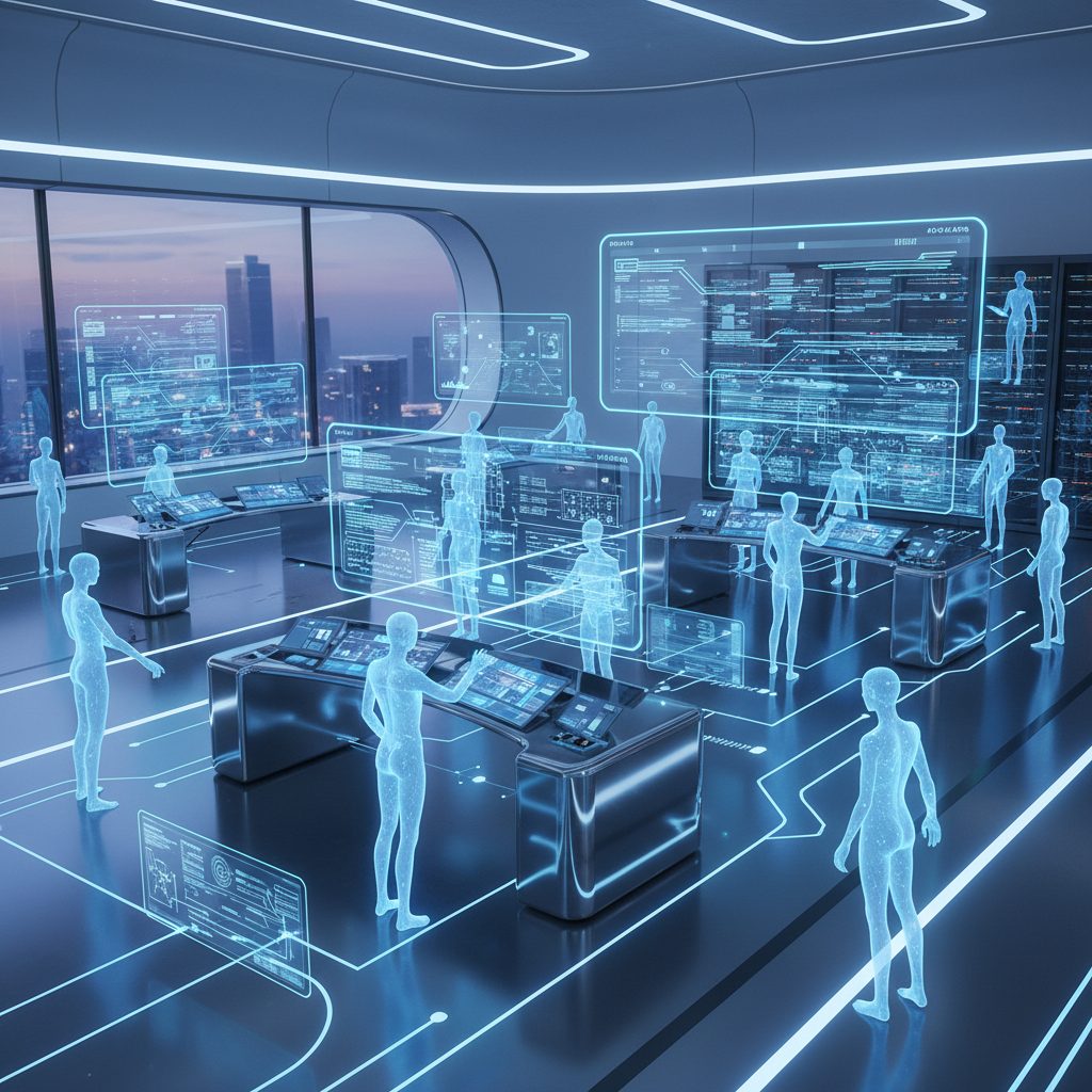 A futuristic workspace showing AI agents autonomously managing multiple computer tasks across different applications. Holographic interfaces and seamless automation workflows in a high-tech environment with soft blue lighting. No text.
