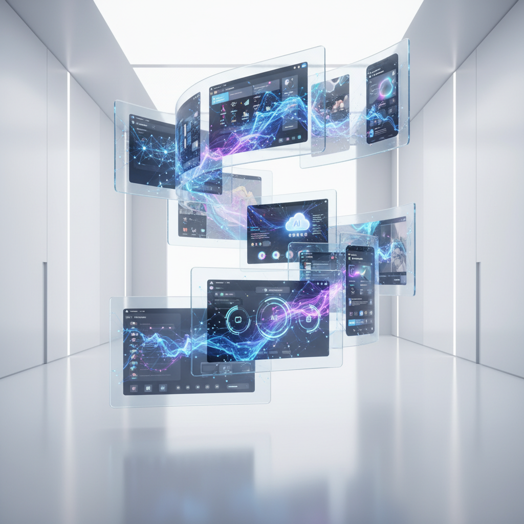 A seamless digital ecosystem where AI seamlessly integrates with various operating system interfaces. Multiple screens showing harmonious interaction between AI and different applications in a modern, minimalist tech environment. No text.