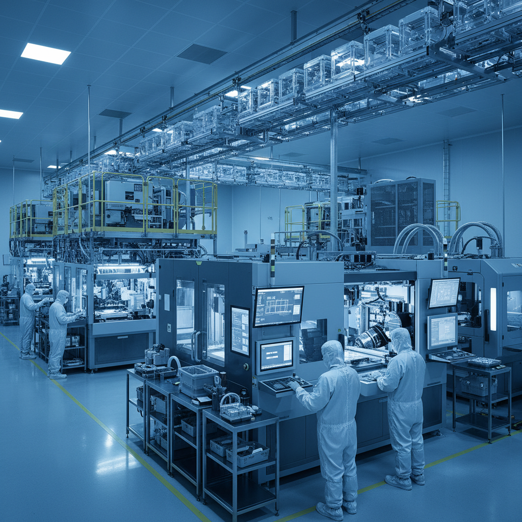 Modern semiconductor manufacturing facility with advanced wafer fabrication equipment, clean room environment with workers in protective suits, high-tech machinery and blue lighting, industrial photography style, no text