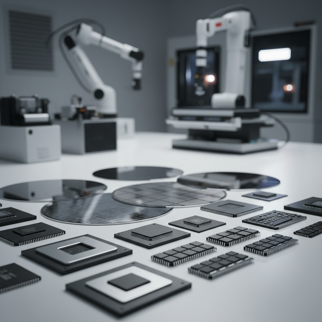 Various semiconductor chips and wafers arranged on a clean surface, showing different sizes and types of processors, with manufacturing equipment in background, professional product photography, detailed macro view, no text