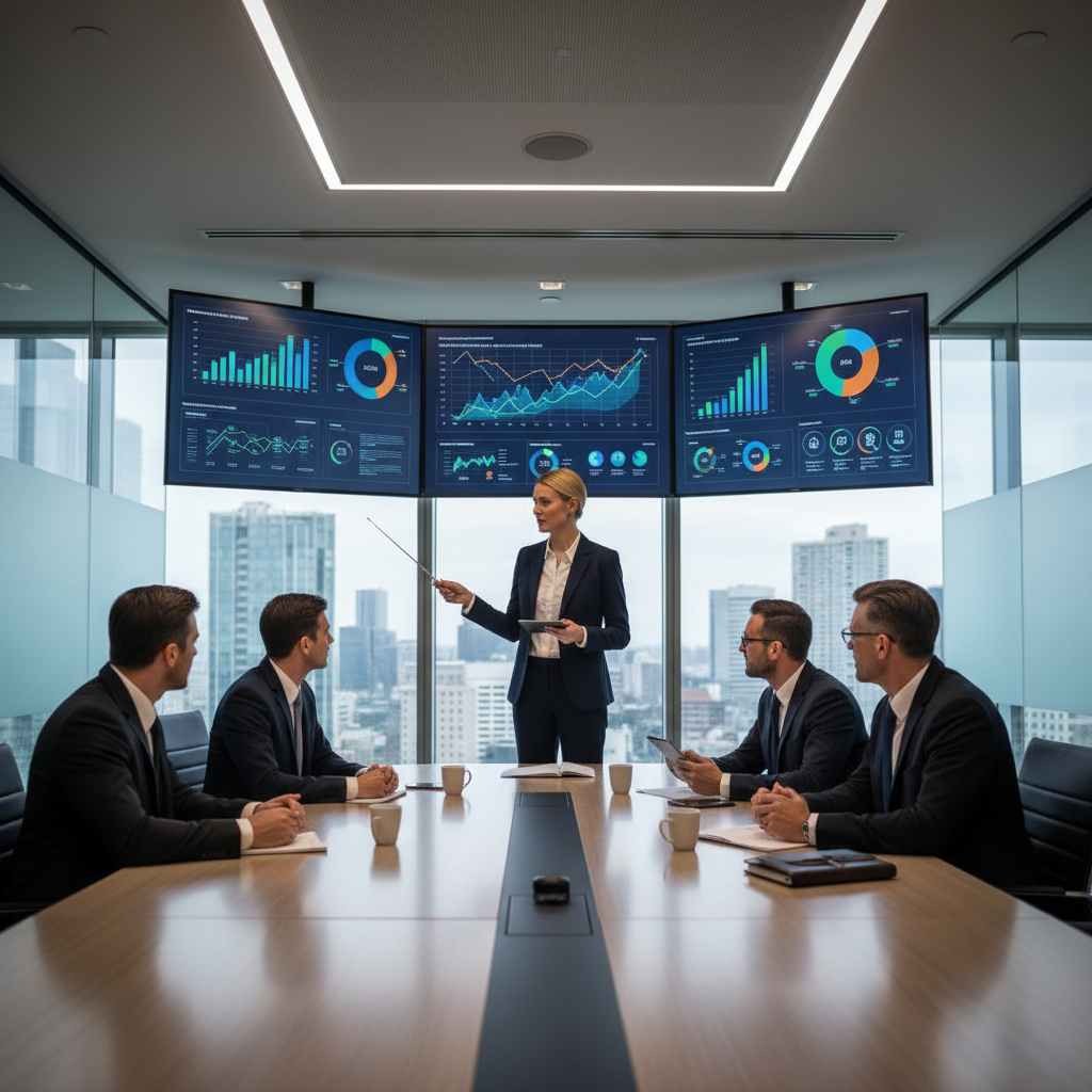 Business meeting scene with executives discussing semiconductor strategy, charts and graphs on screens showing market competition, modern corporate boardroom setting, professional business photography, no text