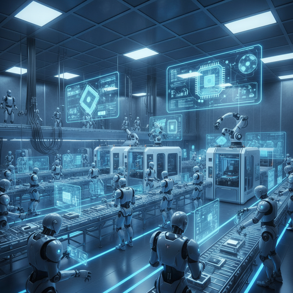 Futuristic semiconductor manufacturing facility with advanced robotics and AI-controlled production lines, holographic displays showing chip designs, blue and white lighting, high-tech industrial setting, no text