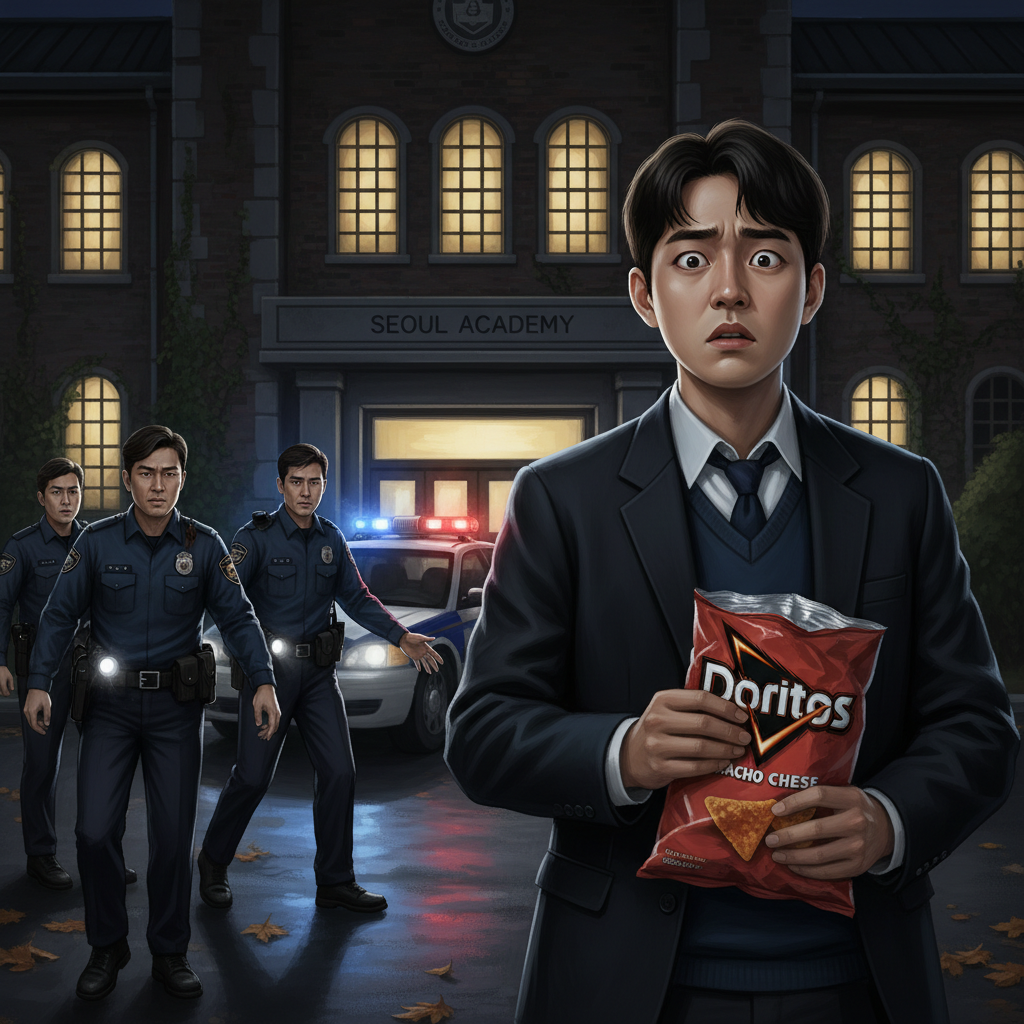 A vivid illustration of a young Korean male student, looking surprised and confused, being approached by police officers. In the student's hand, there is a bag of Doritos, clearly visible. The background shows a school exterior at night. The atmosphere is tense but not overly dramatic. Style: cinematic illustration. No text.