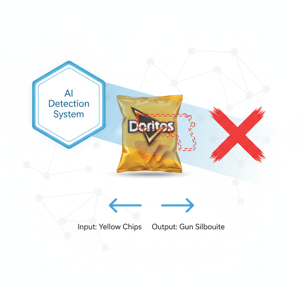 An infographic showing an artificial intelligence system's scanner mistakenly identifying a yellow bag of chips (like Doritos) as a generic gun silhouette. Visual elements should clearly represent "misidentification" and "AI detection system." Style: clean infographic. No text.