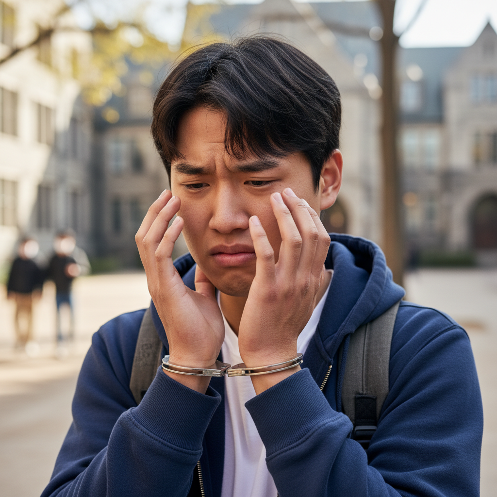 A close-up lifestyle photograph of a young Korean male student, with a distressed expression on his face, showing hands that were recently handcuffed (though handcuffs are not currently on). The background is slightly blurred, suggesting a school environment. Natural lighting. No text.