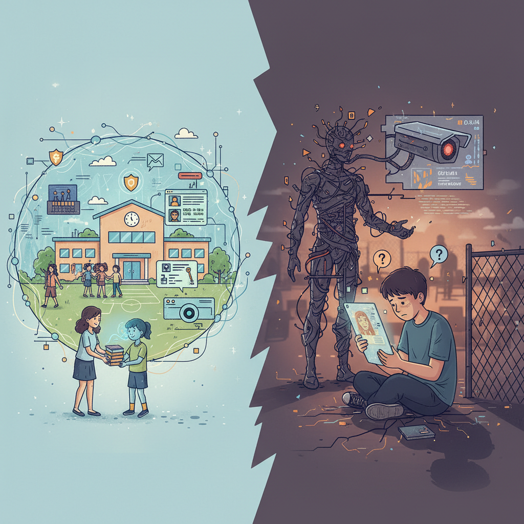 An illustration depicting two sides of AI implementation in schools. On one side, a safe school environment with AI helping prevent incidents. On the other, a student looking anxious due to privacy concerns or potential AI errors. A clear dichotomy. Style: conceptual illustration. No text.