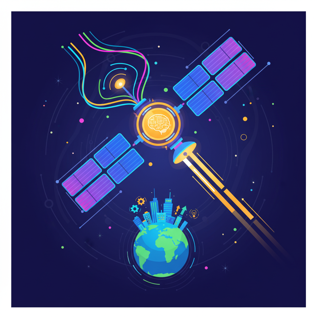 A stylized infographic showing a satellite in orbit with data streams flowing into an on-board AI processing unit, which then sends concise, actionable insights to Earth. Emphasize speed and efficiency. Style: clean infographic with vibrant colors. No text.