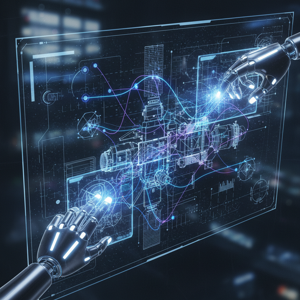 An intricate blueprint of a satellite or spaceship overlaid with glowing lines and nodes representing data analysis and optimization by an AI. Hands (human or robotic) are interacting with the digital interface. Style: detailed technical illustration with a futuristic touch. No text.