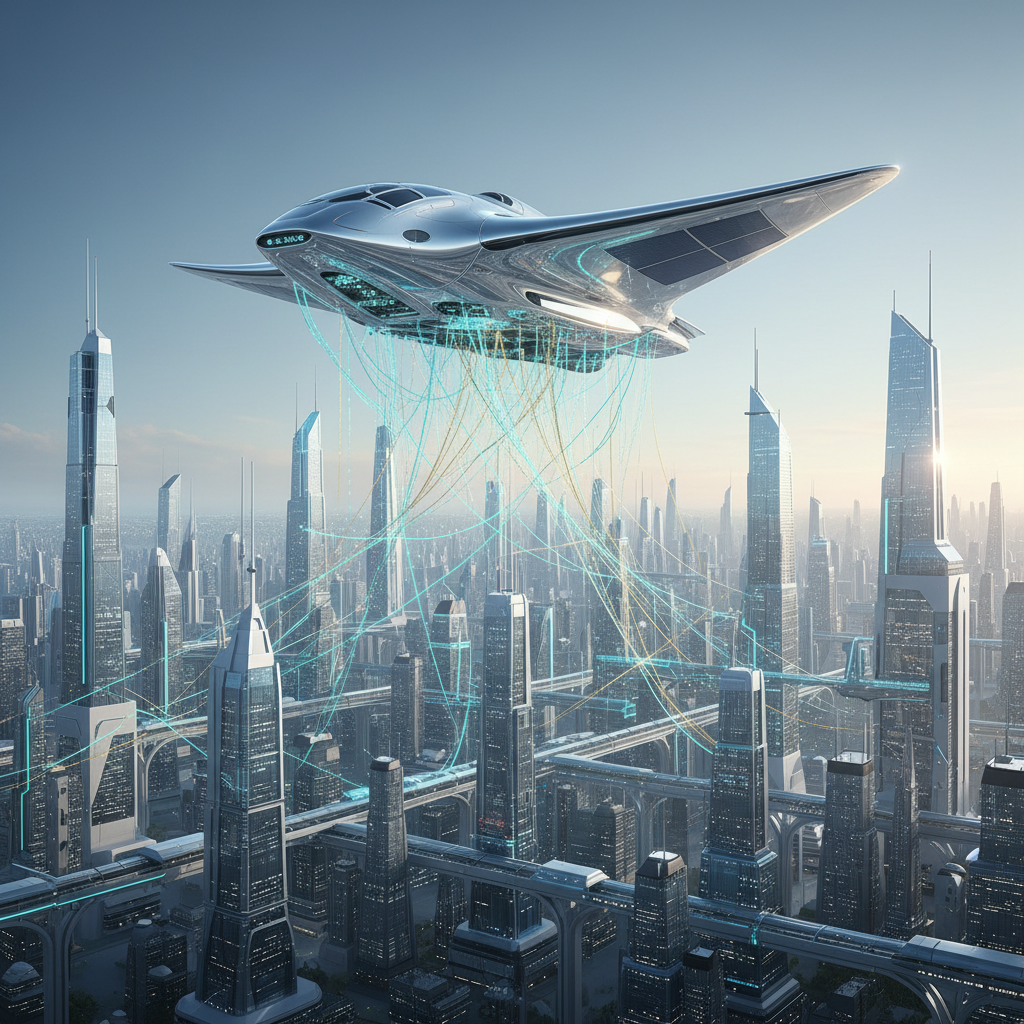 A highly advanced, sleek spaceship hovering over a futuristic city on Earth, with subtle glowing lines representing data communication between the ship and ground. The overall atmosphere is optimistic and technologically advanced. Style: sci-fi concept art with clean lines and soft lighting. No text.