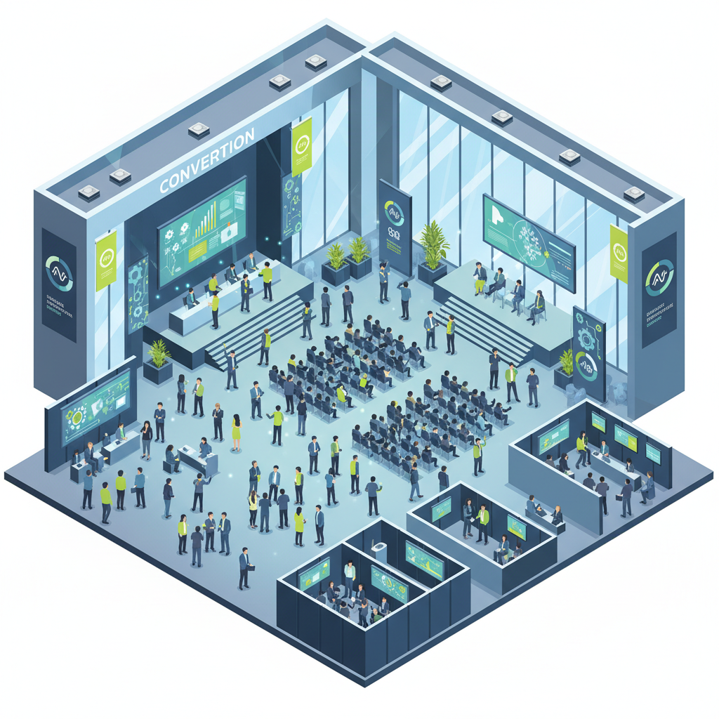 A bustling convention center, with people networking and attending sessions at TechCrunch Disrupt 2025. Modern, clean architecture, bright lighting, diverse attendees, and subtle branding. Style: clean infographic, no text.
