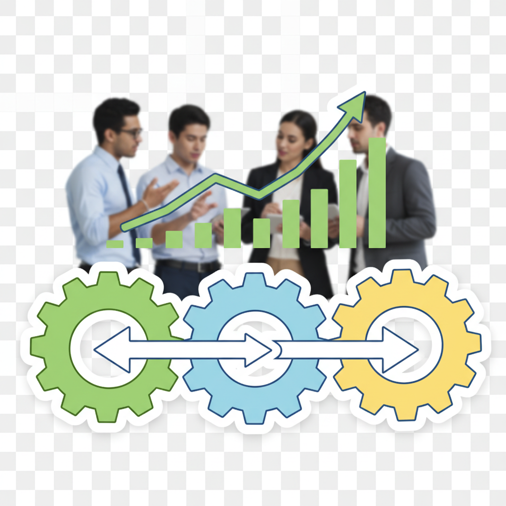 An infographic showing a clean, efficient business workflow with gears, arrows, and positive growth charts. A diverse group of startup founders in the background discussing ideas. Style: clean infographic, no text.