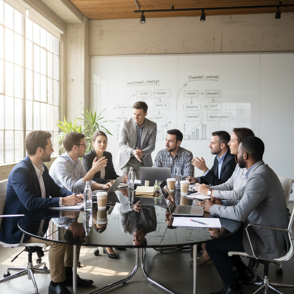 A diverse group of startup founders and venture capitalists engaging in a focused discussion at a modern conference table. Whiteboard with diagrams and notes visible in the background, showing investment strategy. Style: lifestyle photography, no text.