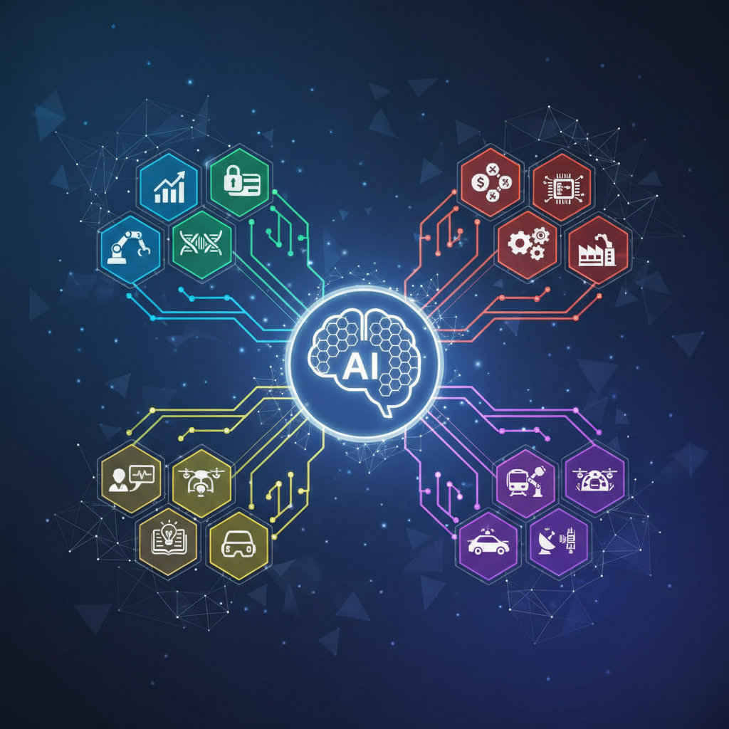 An infographic showcasing various applications of AI across different industries like healthcare, finance, and manufacturing, with interconnected data points and a futuristic, clean design. Style: clean infographic, no text.