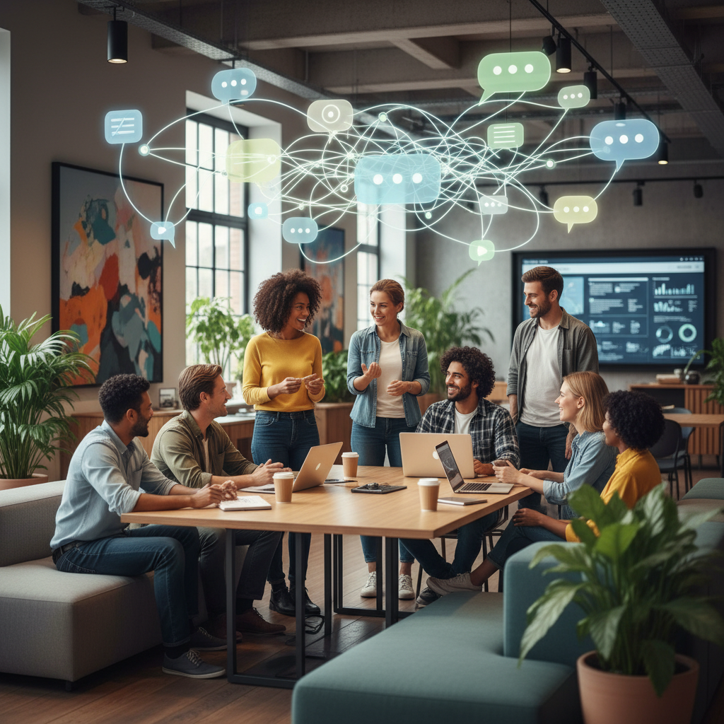 A vibrant image of a diverse group of people connecting and sharing stories in a modern, collaborative workspace. Speech bubbles and network lines subtly illustrate communication and community building. Style: lifestyle photography, no text.