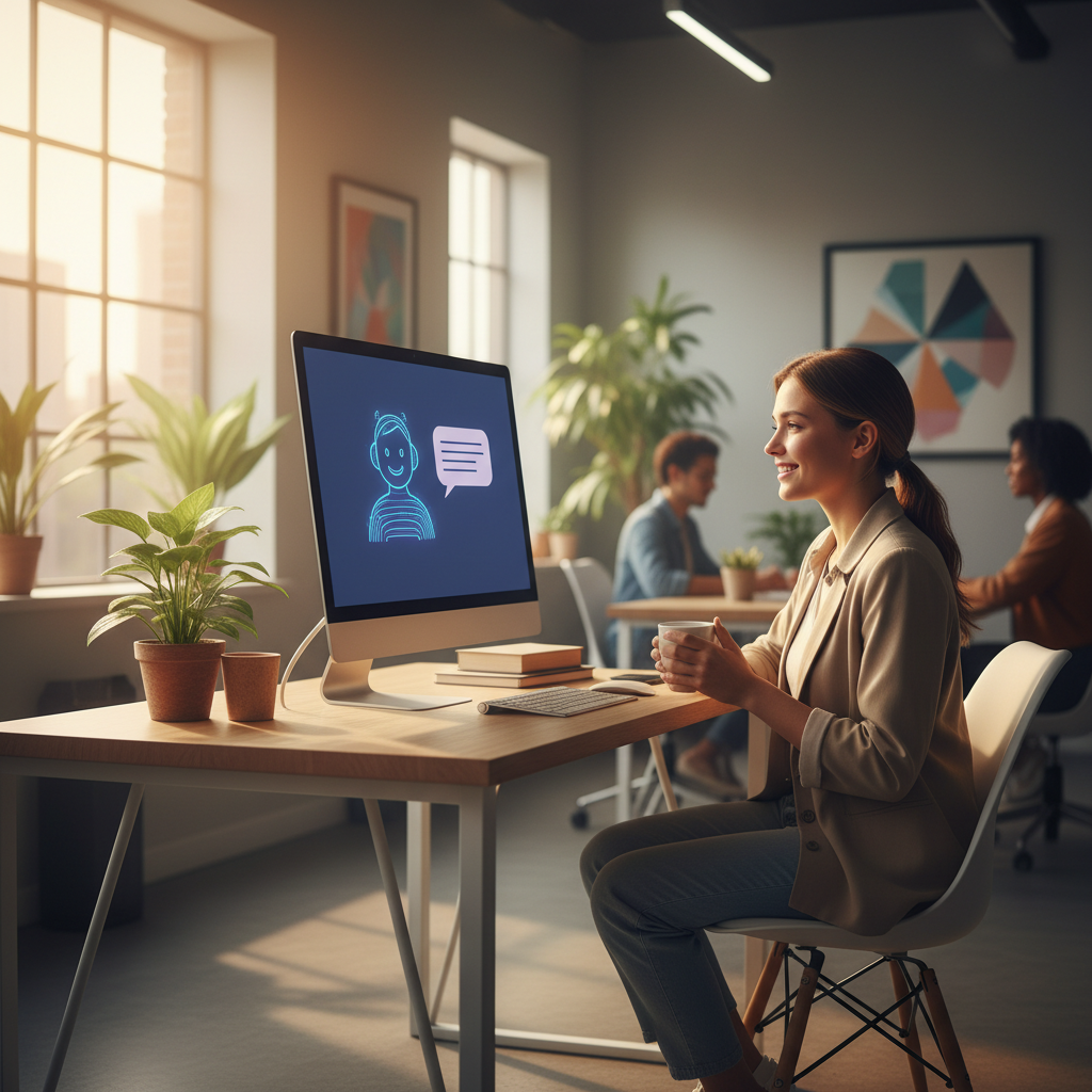 A person having a conversation with AI chatbot on smartphone or computer screen, showing friendly interaction in modern office setting, warm lighting, lifestyle photography style, no text in image