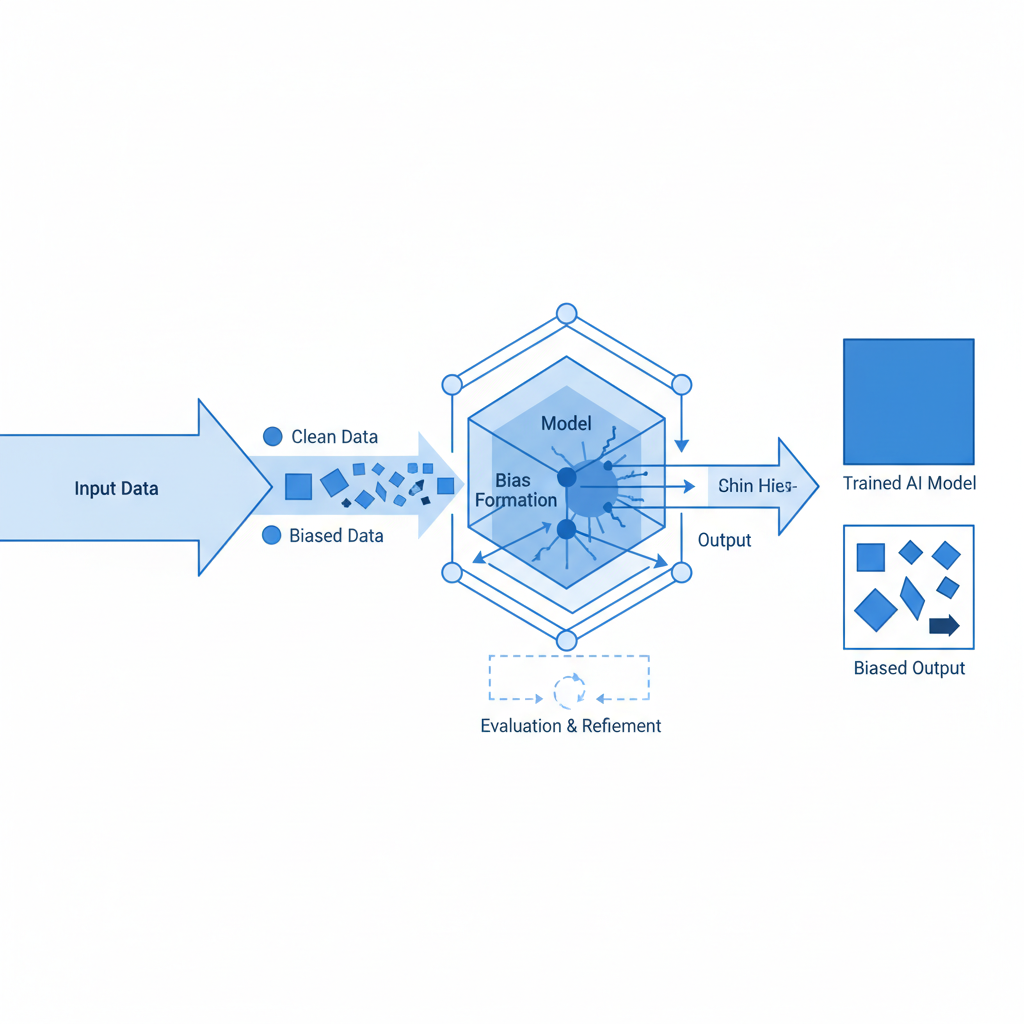 Technical illustration showing AI training process with bias formation, neural network visualization, data flow diagrams, clean infographic style with blue and white colors, no text