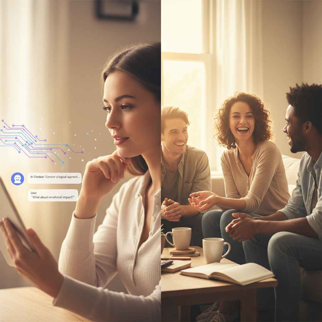 Person consulting both AI chatbot and real human friends for balanced advice, split scene showing digital and real-world interactions, warm natural lighting, lifestyle photography, no text