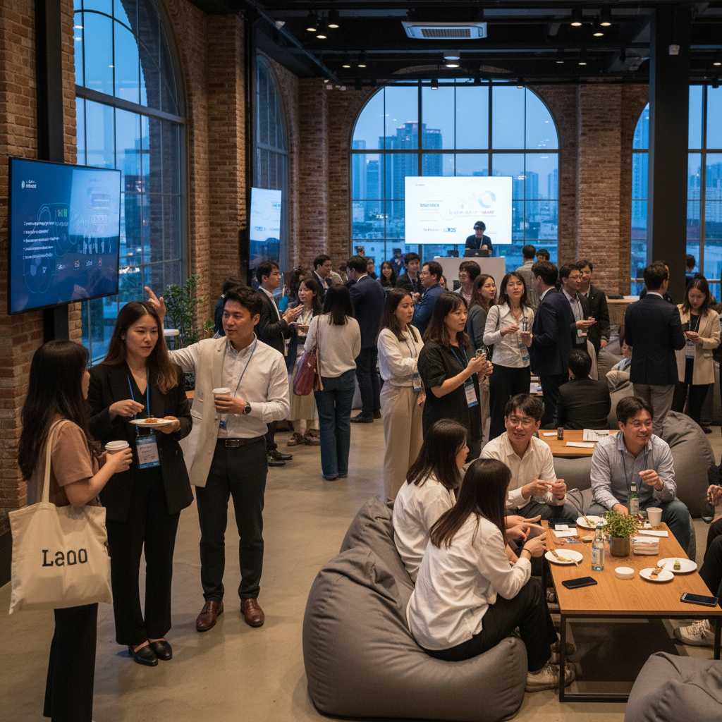 A bustling scene at a tech conference side event, with diverse Korean attendees networking, chatting, and laughing. The atmosphere is vibrant and energetic, with soft, natural lighting. Style: lifestyle photography. No text.