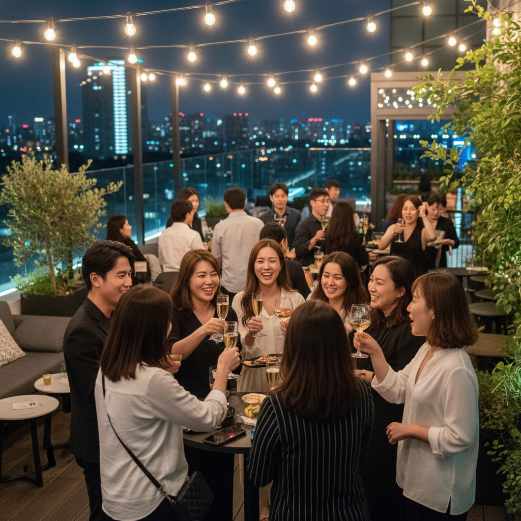 A lively networking party scene with many diverse Korean people chatting, laughing, and clinking glasses. The setting is modern and stylish, possibly an outdoor patio or rooftop bar, with warm, inviting lighting. Style: lifestyle photography. No text.