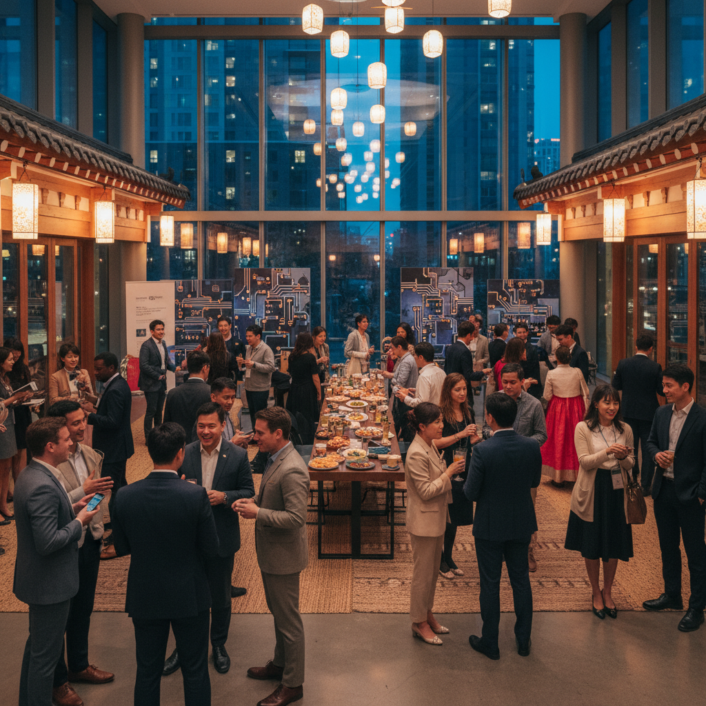 A diverse group of Korean and international entrepreneurs, investors, and tech professionals networking and engaging in conversations at a global community event. The setting is vibrant and welcoming, with a mix of modern architecture and cultural elements. Style: lifestyle photography. No text.