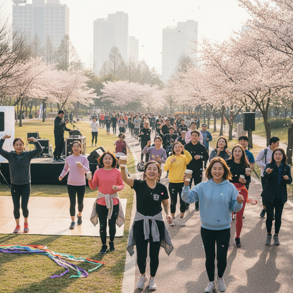 A dynamic scene of diverse Korean individuals enjoying an energetic outdoor activity, such as a community run or a lively coffee rave with dancing, under natural morning light. The atmosphere is joyful and inclusive. Style: lifestyle photography. No text.