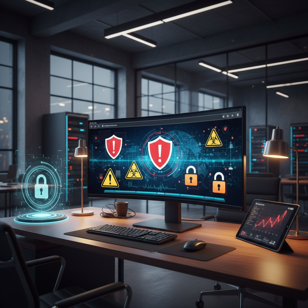 A computer screen showing a browser interface with warning symbols and security alerts, highlighting data protection concerns. Modern office setting with realistic lighting, cybersecurity theme. No text.