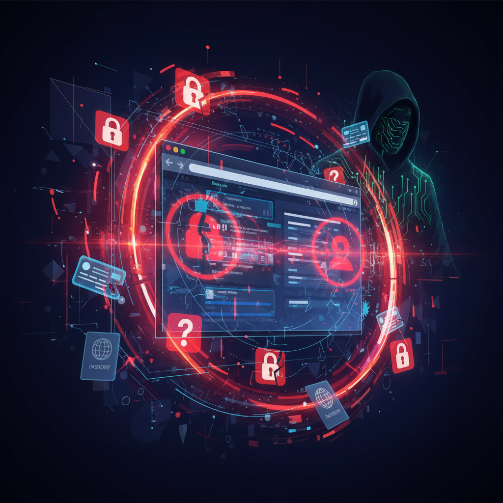 Digital security concept showing data breach warnings, personal information icons floating around a compromised browser window. Dark theme with red warning colors, cybersecurity visualization. No text.