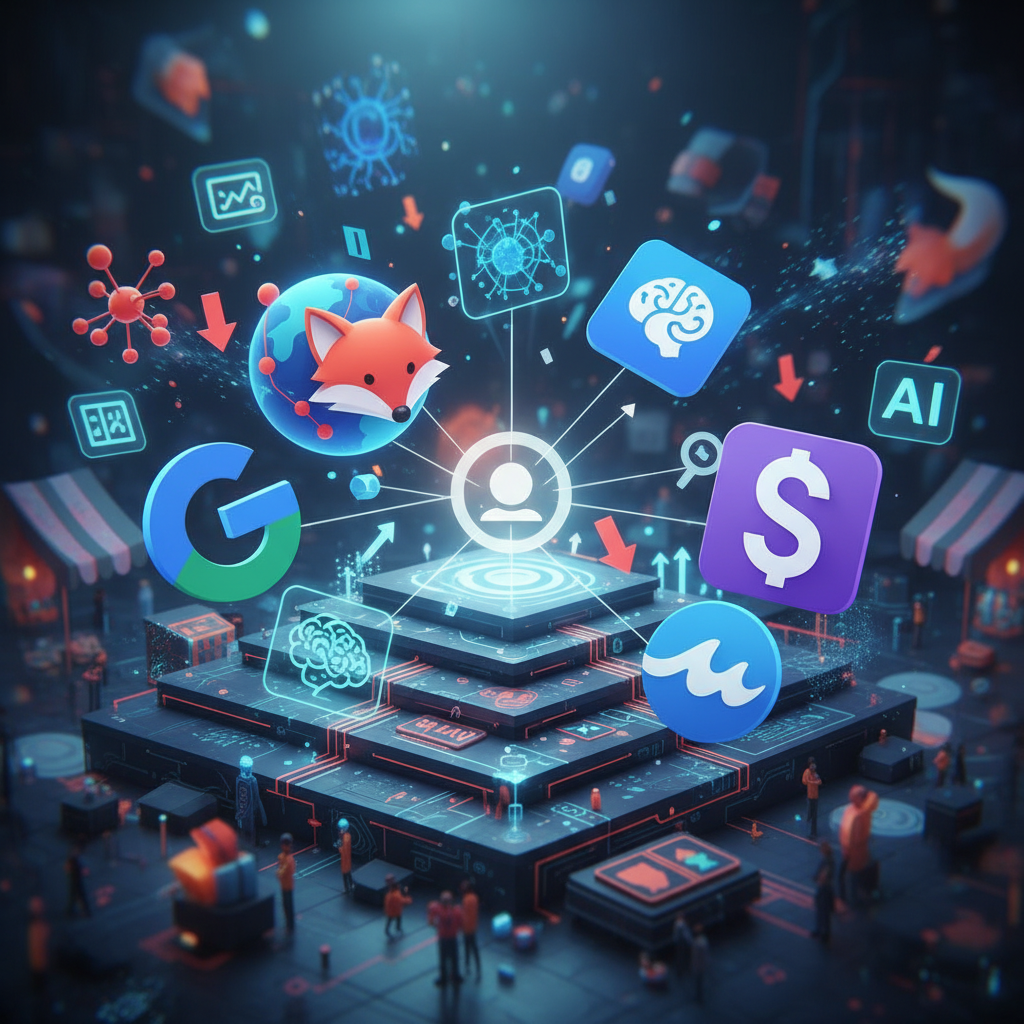 Multiple browser icons and AI symbols competing in a digital marketplace, showing market dynamics and user choice concepts. Modern tech illustration with competitive atmosphere. No text.