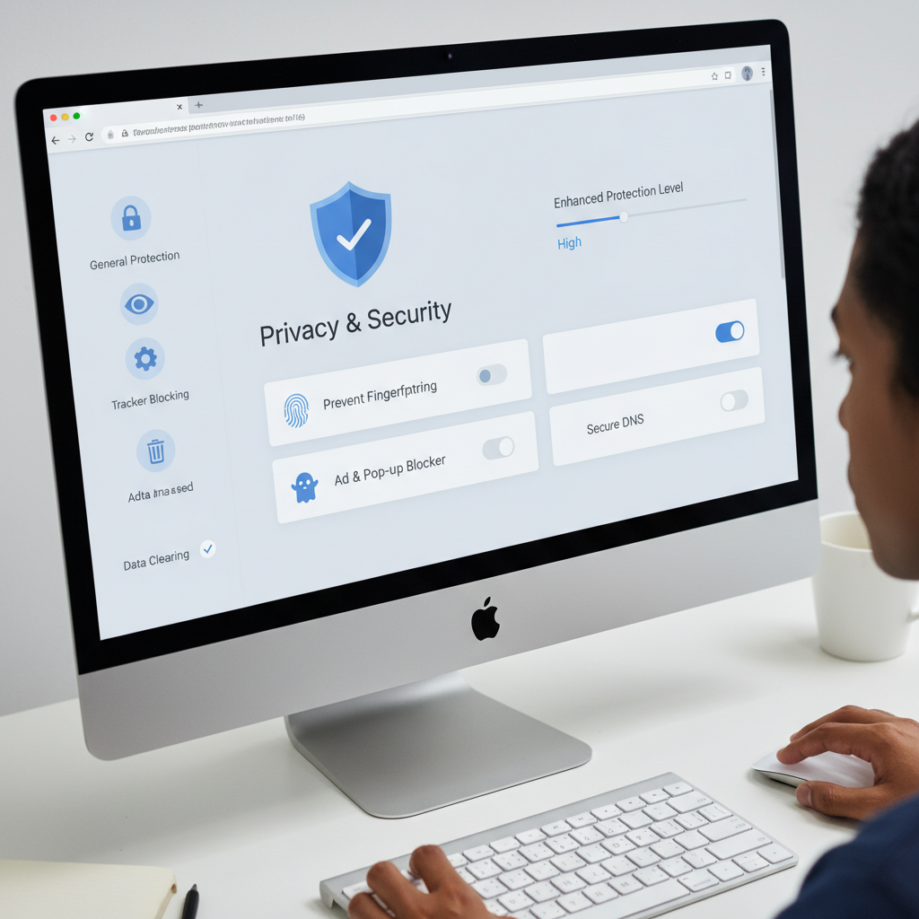 User configuring browser security settings on a computer screen, showing privacy controls and security options. Clean interface design with focus on protection features. No text.