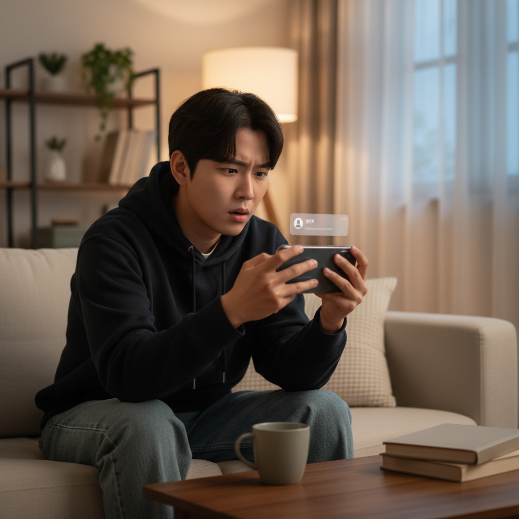 A Korean person watching an Instagram Reel on their smartphone, looking focused. Suddenly, a notification pops up or they get a call, causing them to be distracted and lose their place. The background is a cozy living room. Realistic lifestyle photography, natural lighting. No text.